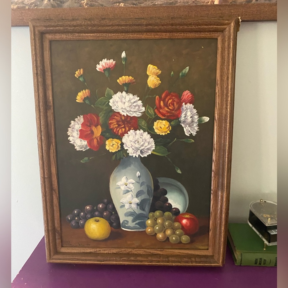 Vintage signed and Framed hand painted still life of flowers in vase